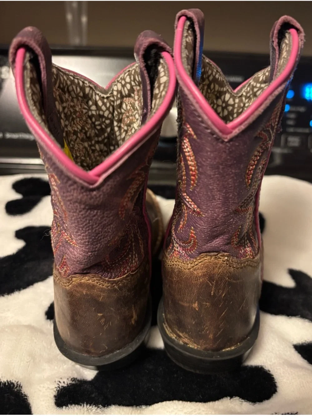 Dan Post Brown Leather baby Cowboy Boots with Purple Shaft and Pink Trim - Picture 4 of 5